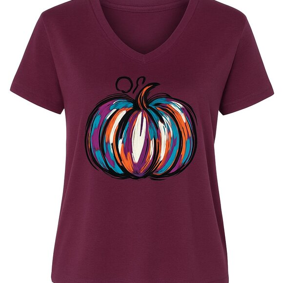 Colorful Pumpkin Fall Graphic Tee | Purple Autumn T-Shirt for Women - Picture 2 of 2